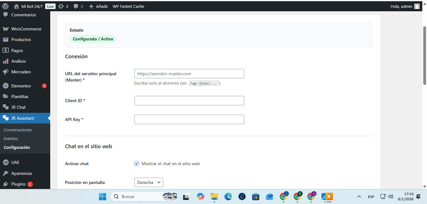 Panel de configuración de Mi Bot 24/7 en WordPress